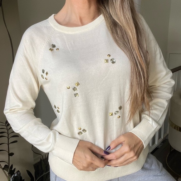 NWT Michael Kors Crewneck Embellished Gen Stone Cream Long Sleeve Knit Sweater M - Picture 3 of 14